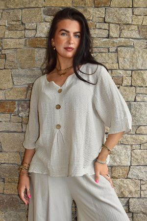 Andi Basket Linen Blend Top Stone
